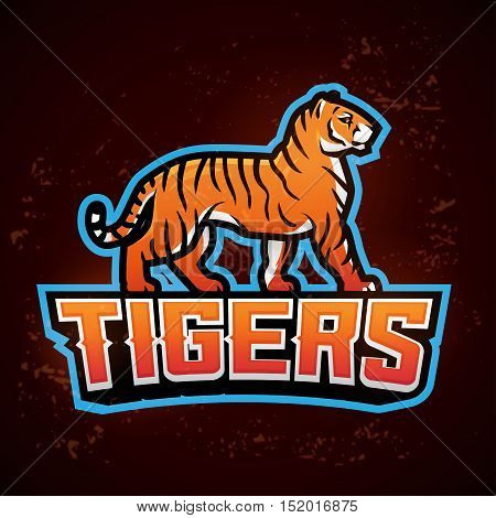 Tiger mascot vector. sport logo design template. Football or baseball illustration. College league insignia, School team logotype on fire background