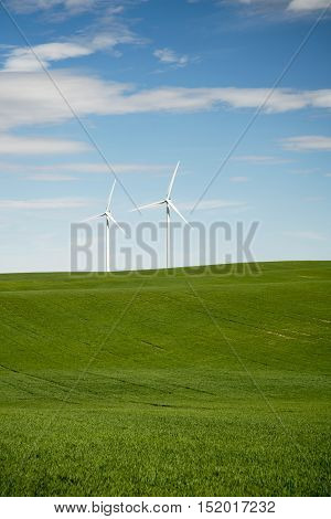 Wind turbines on a wheat farm in Eastern Colorado off I-70 near Limon Colorado