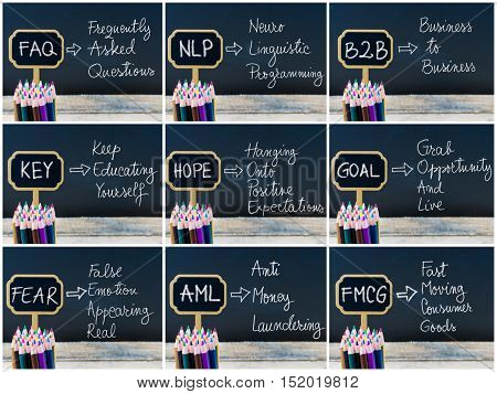 Photo Collage Of Business Acronyms Written With Chalk On Wooden Mini Blackboard Labels