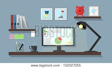 Workspace flat. A table with a desktop computer a working lamp. Vector flat line