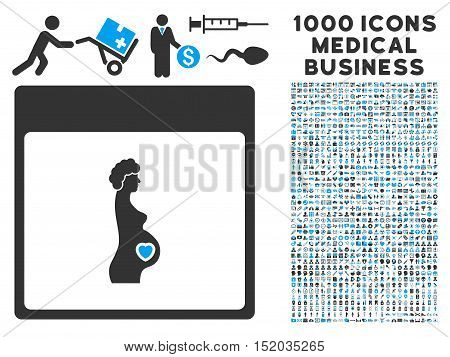 Blue And Gray Pregnant Woman Calendar Page vector icon with 1000 medical business pictograms. Set style is flat bicolor symbols, blue and gray colors, white background.