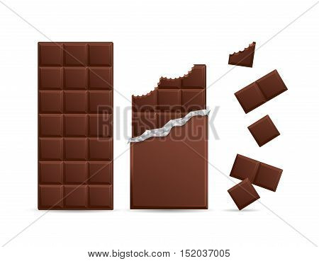 Realistic Dark Chocolate Bar Bitten with Pieces. Vector illustration
