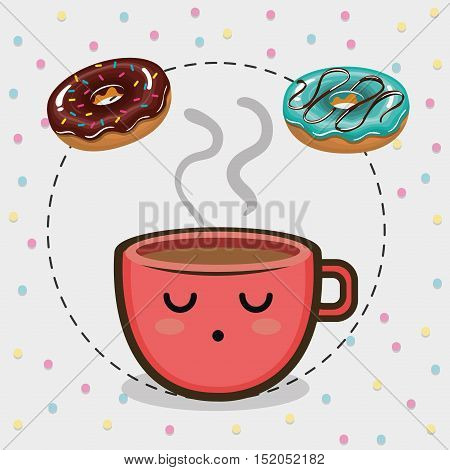 red coffee cup kawaii cartoon and sweet donuts over white background. colorful design. vector illustration
