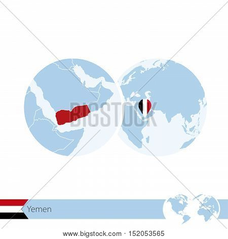 Yemen On World Globe With Flag And Regional Map Of Yemen.