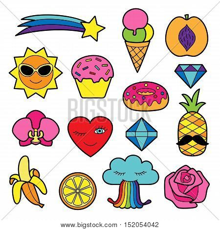 Fashion patches. Pin badges set. Colorful stickers collection. Appliques for denim or clothes.