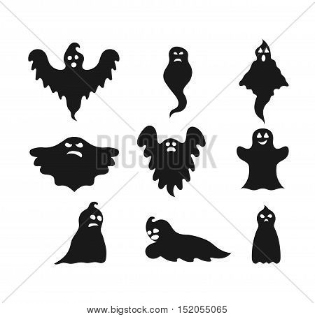 Cartoon spooky Ghost character vector. Spooky and scary holiday monster design ghost character. Costume evil silhouette ghost character creepy funny cartoon cute spooky night symbol.