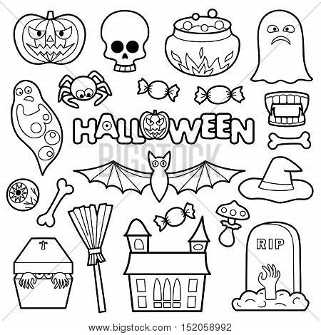 Halloween coloring patches. Pin badges set. Black and white stickers collection. Appliques for denim or clothes.