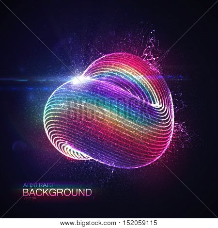 3D abstract loop shape of rainbow illuminated particles with lens flare optical light effect. Futuristic vector illustration. Technology or Physics vector concept