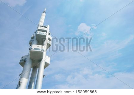 Low angle view of Zizkov Television Tower in Prague; Czech Republic