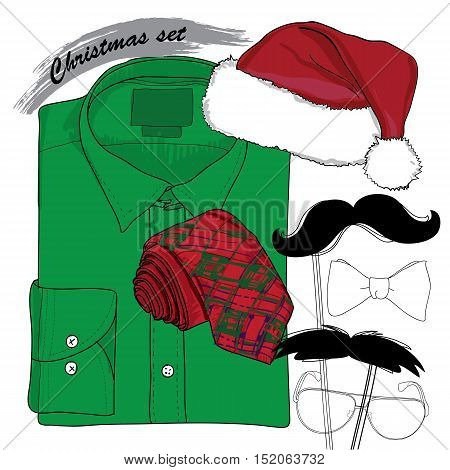 Vector illustration of Hand drawn Christmas style, doodle coordination for New yaer Man. Folded shirt , the bow tie, beards, Santa hat, the bow tie and belt. Santa set on white background. Template for masquerade, holiday, brochure, journal, flayer