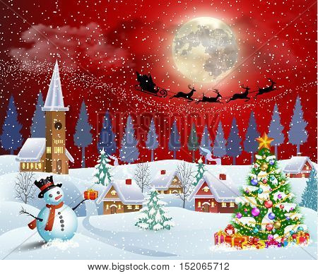 Christmas landscape with christmas tree and snowman with gifbox. background with moon and the silhouette of Santa Claus flying on a sleigh. concept for greeting or postal card, vector illustration