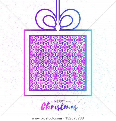 Christmas Greeting card. Purple glitter gift box with bow. Happy New Year on white background with symmetry ornament. Vector design illustration