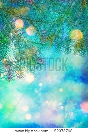 Holiday Christmas Tree. Artistic watercolor background with painting texture