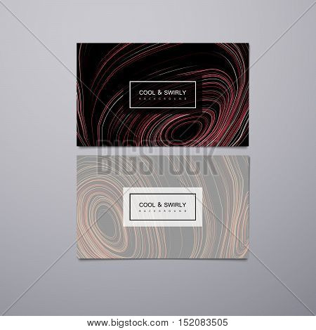 Greeting, invitation or business cards design template with swirled stripes. Vector illustration of swirled and curled stripes background. Marble or acrylic texture imitation. Cool and Swirly background