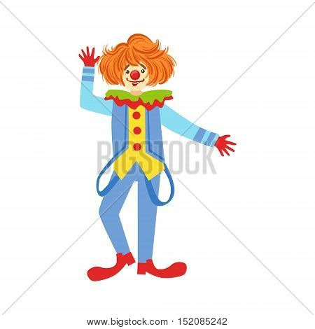 Colorful Friendly Clown With Suspenders In Classic Outfit. Childish Circus Clown Character Performing In Costume And Make Up.