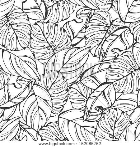 Tropical seamless vector pattern in fashion trend black and whitecolor palette. Hand-drawn monochrome leaves.