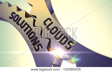 Clouds Solutions on Mechanism of Golden Gears with Glow Effect. 3D Render.