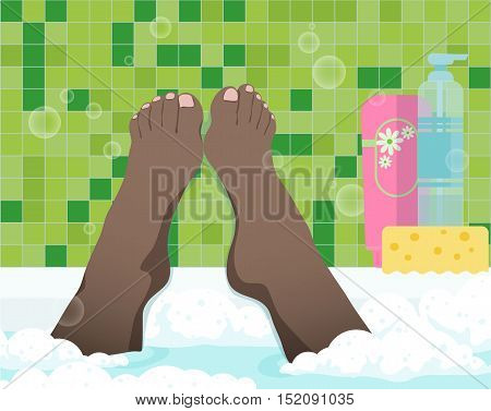 Female feet in bathroom, color vector illustration. Black woman take a bath with foam, first-person view.