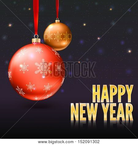 Christmas balls on the background with flash and Christmas lights. Realistic vector bright balls with snowflakes. Greeting card with golden text, editable eps 10