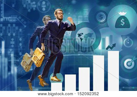 Image of young businessman jumping over steps of a chart or graph. concept of career success