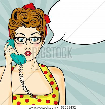 Pop Art  Woman Chatting On Retro Phone . Comic Woman With Speech Bubble