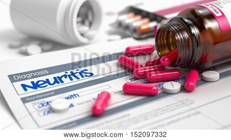 Neuritis Phrase in Disease Extract. Close View of Medicine Concept. Neuritis - Handwritten Diagnosis in the Medical History. Medical Concept with Red Pills, Close View, Selective Focus. 3D.
