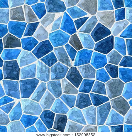 blue colored abstract marble irregular plastic stony mosaic pattern texture seamless background with gray grout