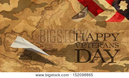 Happy Veterans Day. Paper Airplane and Boat Usa Flag MImetic Clouds and America Nautical Chart