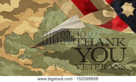 Thank You Veterans. Paper Airplane Usa Flag MImetic Clouds and America Nautical Chart