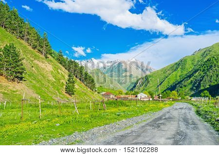 The picturesque nature of the Sno Valley located between Stepantsminda resort and Juta settlement Kazbegi Georgia.