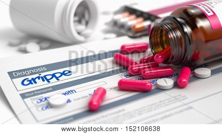 Grippe Phrase in Anamnesis. CloseUp View of Medical Concept. Handwritten Diagnosis Grippe in the Anamnesis. Medicaments Composition of Blister of Red Pills, Blister of Pills and Bottle of Tablets. 3D.
