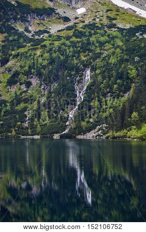 Mountain waterfall and Lake Morskie Oko in the Tatra Mountains in Poland