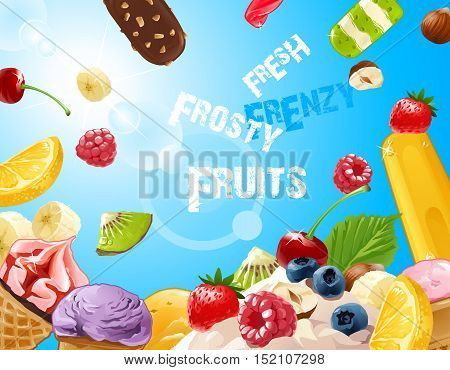 Vector background delicious ice cream with strawberries, raspberries, blueberries, banana, kiwi, lemon, nuts and chocolate
