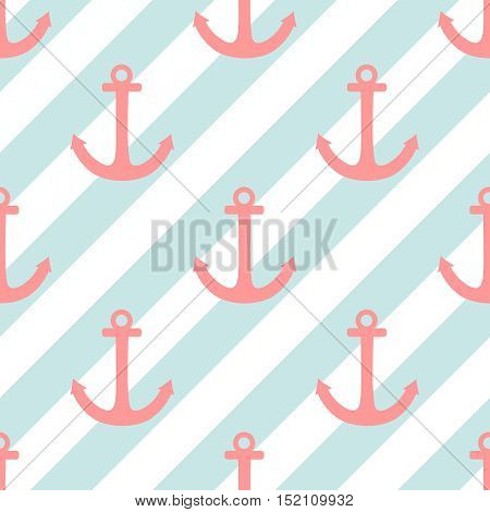 Tile sailor vecvtor pattern with pastel pink anchor on mint blue stripes background