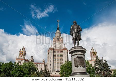 Summer view of the Lomonosov Moscow State University is a coeducational and public research university located in Moscow Russia. It was founded on January 25 1755 by Mikhail Lomonosov