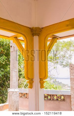 Phuket Thailand - April 25 2016 : Old Burmese or Mon style design decoration at column head at Sirey temple Phuket Thailand.