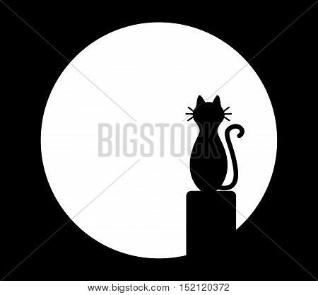 Cat sitting on chimney and looks at the moon. Vector black and white illustration