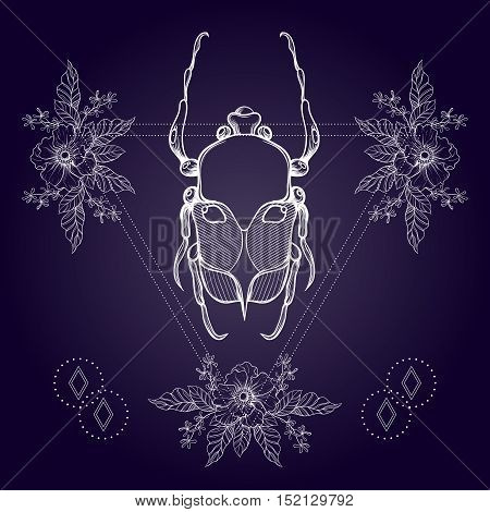 Boho tattoo. Blackwork beetle, May bug in hipster triangle frame with flowers. Vector illustration, spiritual tattoo sketch isolated on dark for t-shirt print, poster, textile. Line art drawing.