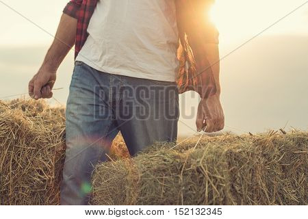 closeup of Farmer with straw bales harvest