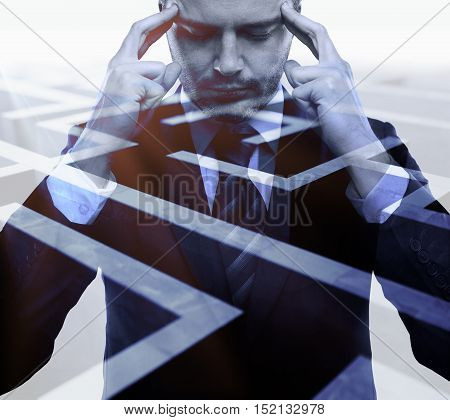 Pensive young businessman on abstract maze background. Business challenge concept. Double exposure