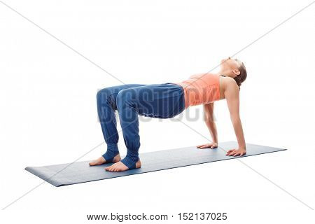 Woman doing Ashtanga Vinyasa Yoga asana Purvottanasana - upward-facing plank pose posture easy variation isolated on white background