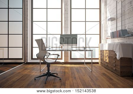 Modern office interior with workplace cupboard with book wooden floor and windows with city view. 3D rendering