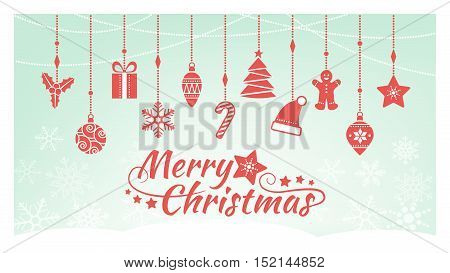 Vintage Christmas decorations hanging and winter sky with snow on the background holiday and celebration banner
