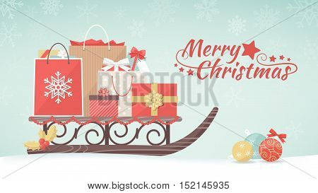 Colorful christmas gifts and shopping bags on a traditional wooden sleigh xmas shopping and celebration concept banner