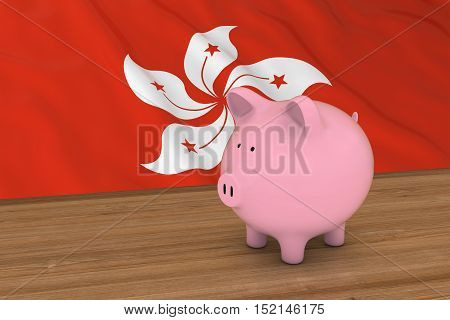 Hong Kong Finance Concept - Piggybank In Front Of Hong Kongese Flag 3D Illustration