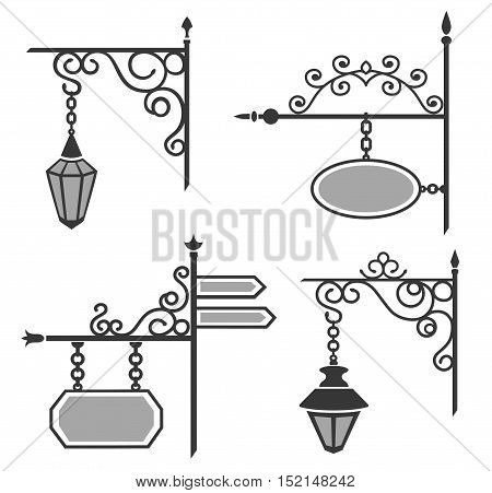 Set of wedding theme decorative street forged lanterns and signs.