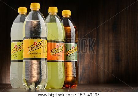 POZNAN POLAND - OCT 13 2016: Schweppes Comp. is a beverage manufacturer founded in Geneva and developed in London famed for carbonated soft drinks including ginger ale bitter lemon and tonic water