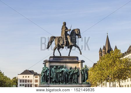 COLOGNE GERMANY - SEP 21 2016: Monument in center of Cologne of Kaiser Friedrich Wilhelm at Heumarkt near to river Rhine