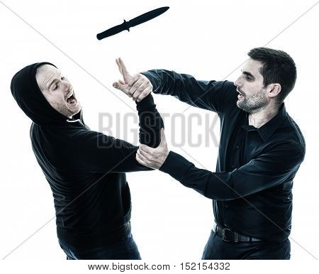 men krav maga fighters fighting isolated