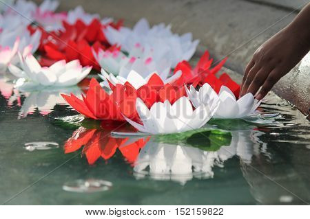 Festival Of Diwali lotus flower offering floating on water